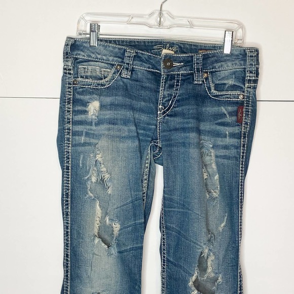 Silver Jeans, distressed jeans, flare bottom jeans, medium wash distressed jeans - Picture 2 of 12